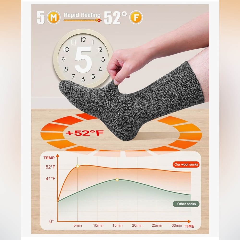 🆕 Merino Wool Socks for Men, 5 Pairs Thermal Warm Hiking Super Thick Crew - Picture 2 of 5